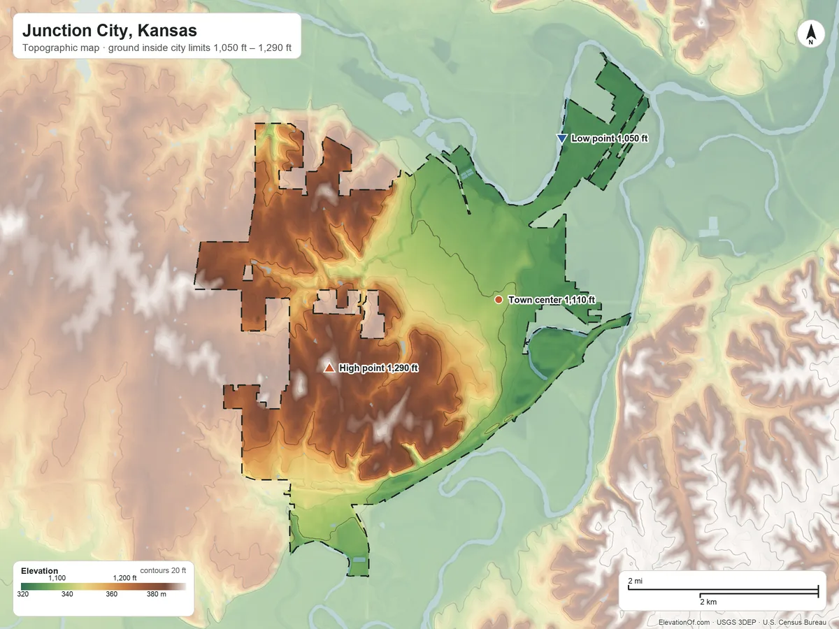 Topographic elevation map of Junction City, Kansas, shaded from 1,050 ft on the north side to 1,290 ft on the west side