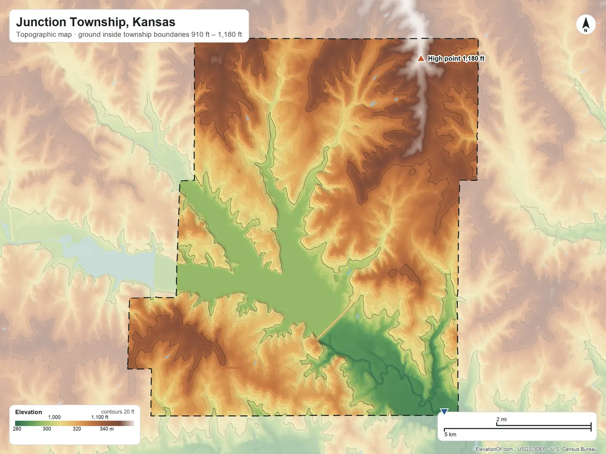Topographic elevation map of Junction Township, Kansas, shaded from 910 ft on the southeast side to 1,180 ft on the northeast side