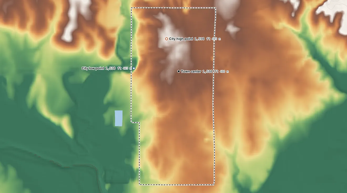 Topographic elevation map of Kanopolis, Kansas, shaded from 1,530 ft on the west side to 1,590 ft on the north side