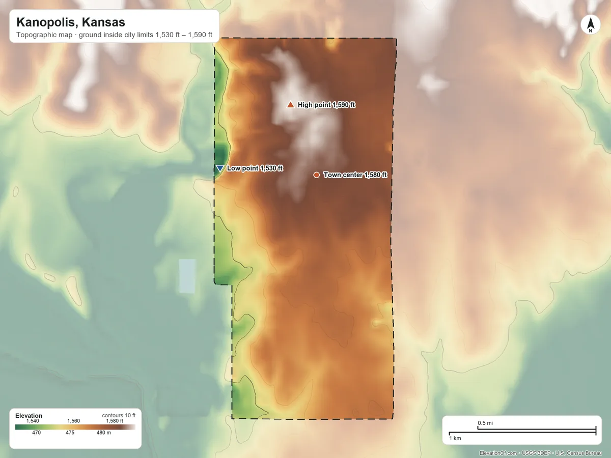 Topographic elevation map of Kanopolis, Kansas, shaded from 1,530 ft on the west side to 1,590 ft on the north side
