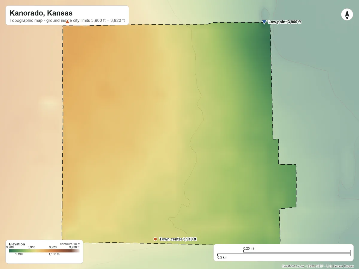 Topographic elevation map of Kanorado, Kansas, shaded from 3,900 ft on the northeast side to 3,920 ft on the north side