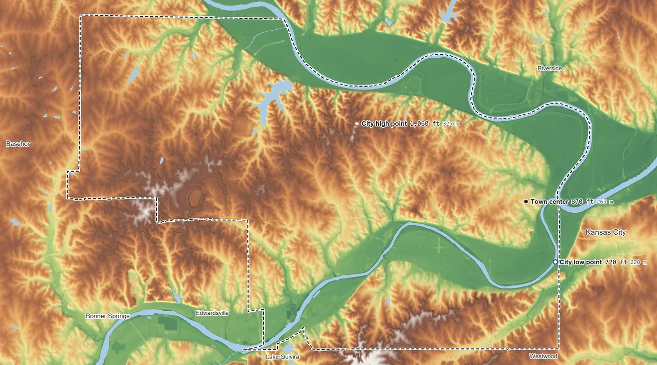 Topographic elevation map of Kansas City, Kansas, shaded from 720 ft on the southeast side to 1,060 ft on the northwest side