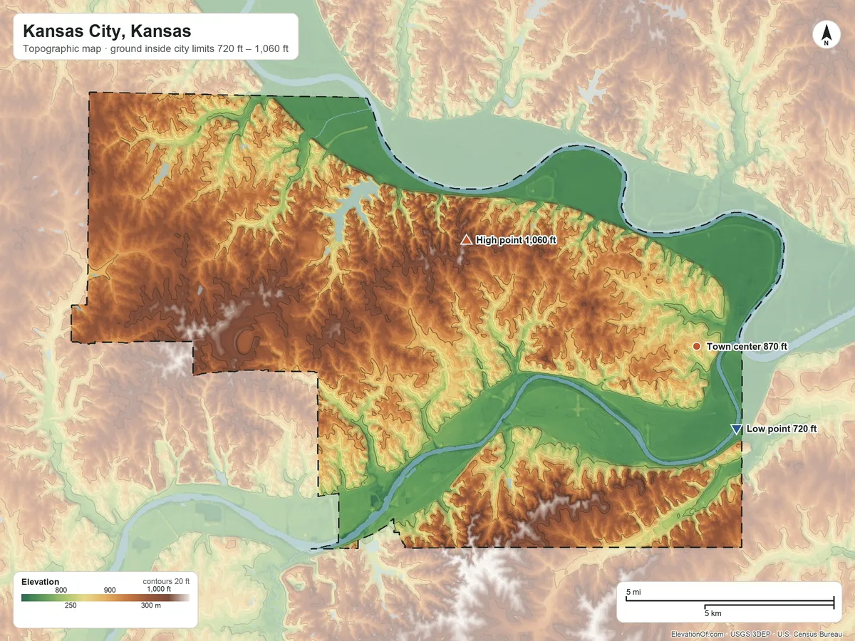 Topographic elevation map of Kansas City, Kansas, shaded from 720 ft on the southeast side to 1,060 ft on the northwest side