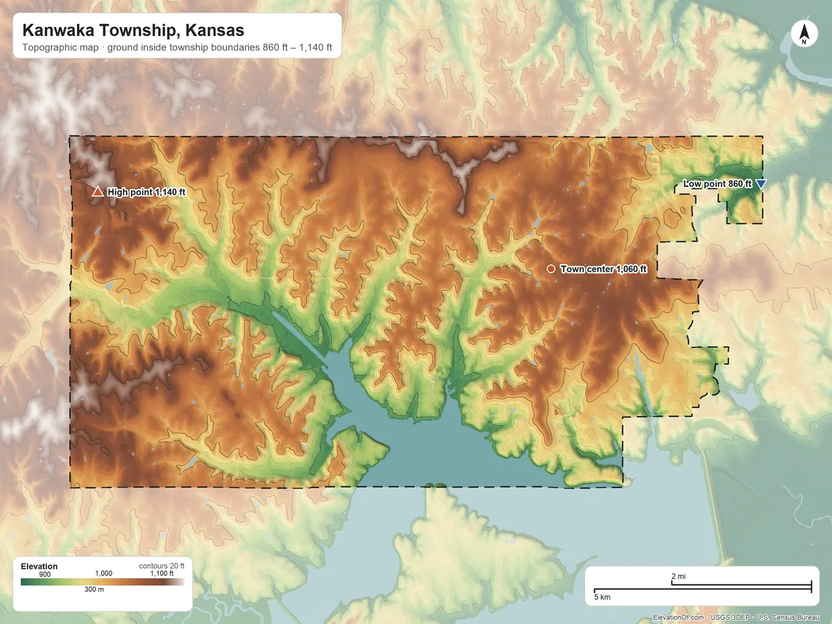 Topographic elevation map of Kanwaka Township, Kansas, shaded from 860 ft on the east side to 1,140 ft on the west side