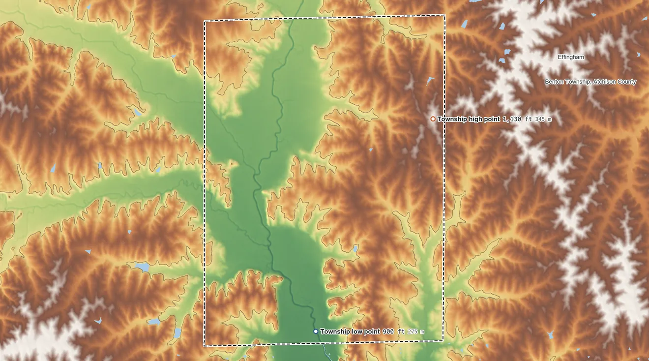 Topographic elevation map of Kapioma Township, Kansas, shaded from 900 ft on the south side to 1,130 ft on the northeast side