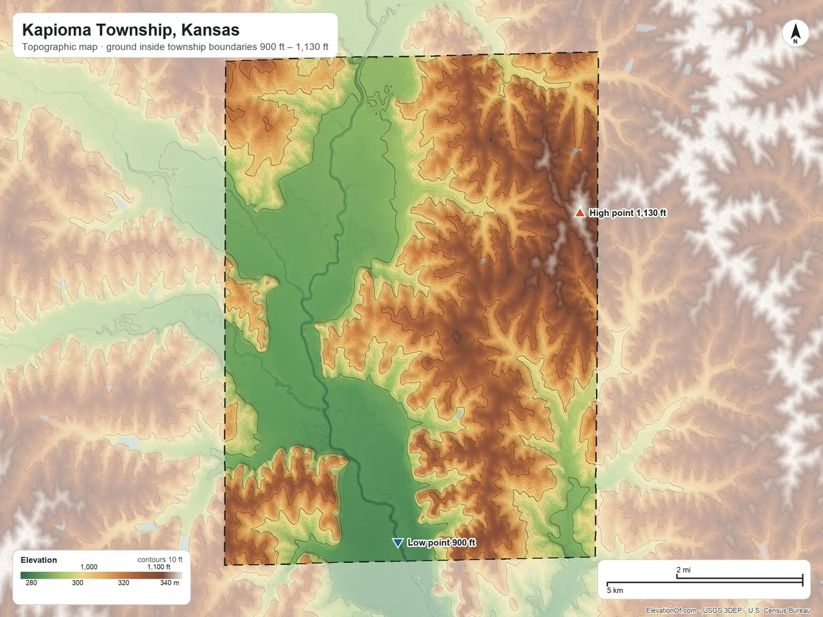 Topographic elevation map of Kapioma Township, Kansas, shaded from 900 ft on the south side to 1,130 ft on the northeast side