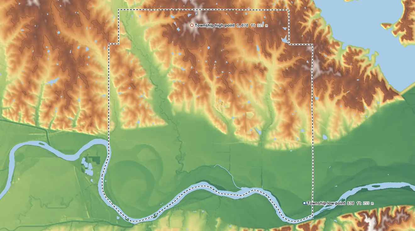 Topographic elevation map of Kaw Township, Kansas, shaded from 830 ft on the southeast side to 1,070 ft on the north side