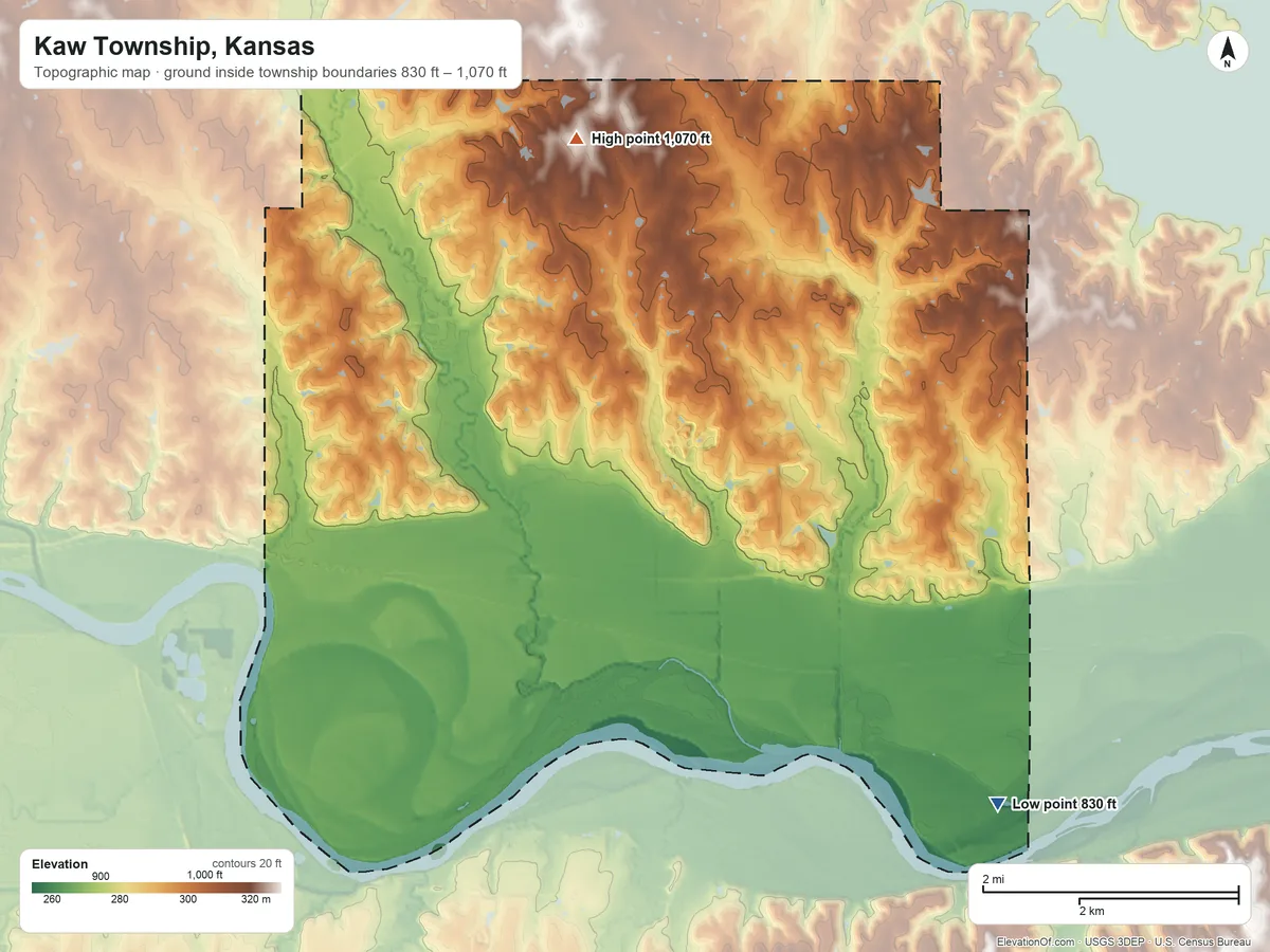 Topographic elevation map of Kaw Township, Kansas, shaded from 830 ft on the southeast side to 1,070 ft on the north side