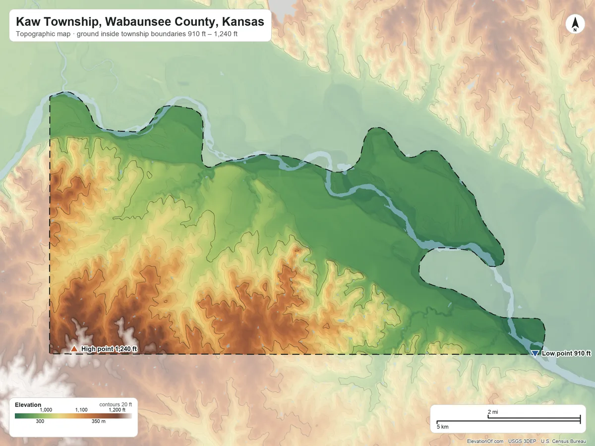 Topographic elevation map of Kaw Township, Wabaunsee County, Kansas, shaded from 910 ft on the southeast side to 1,240 ft on the southwest side