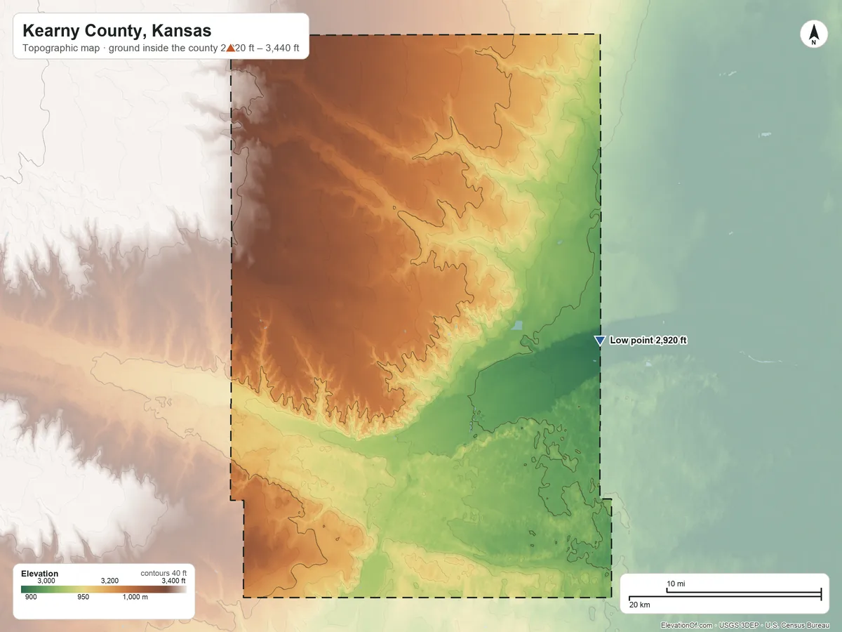 Topographic elevation map of Kearny County, Kansas, shaded from 2,920 ft on the east side to 3,440 ft on the northwest side