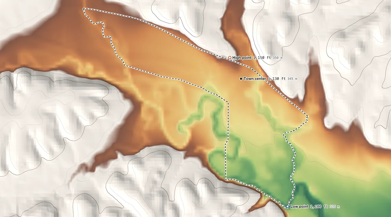 Topographic elevation map of Keats, Kansas, shaded from 1,100 ft on the south side to 1,150 ft near the middle