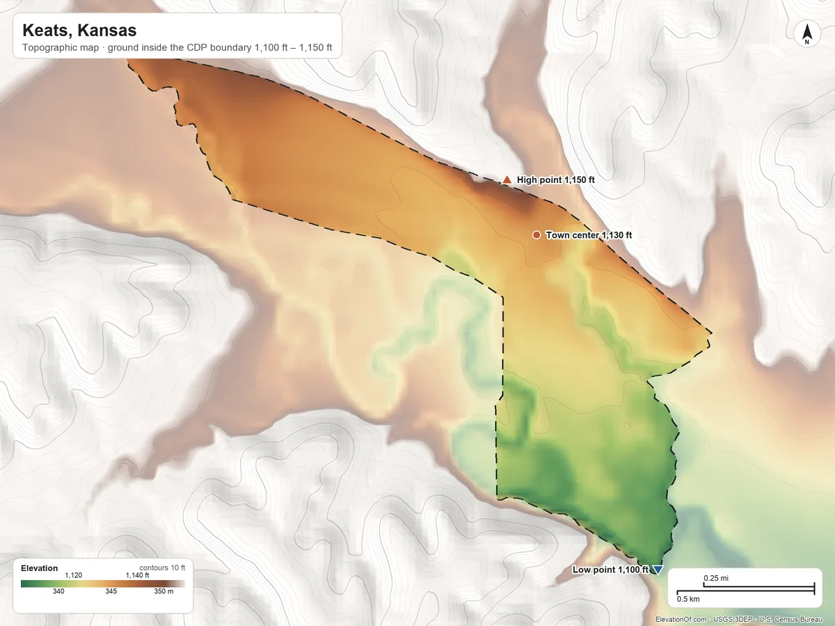 Topographic elevation map of Keats, Kansas, shaded from 1,100 ft on the south side to 1,150 ft near the middle