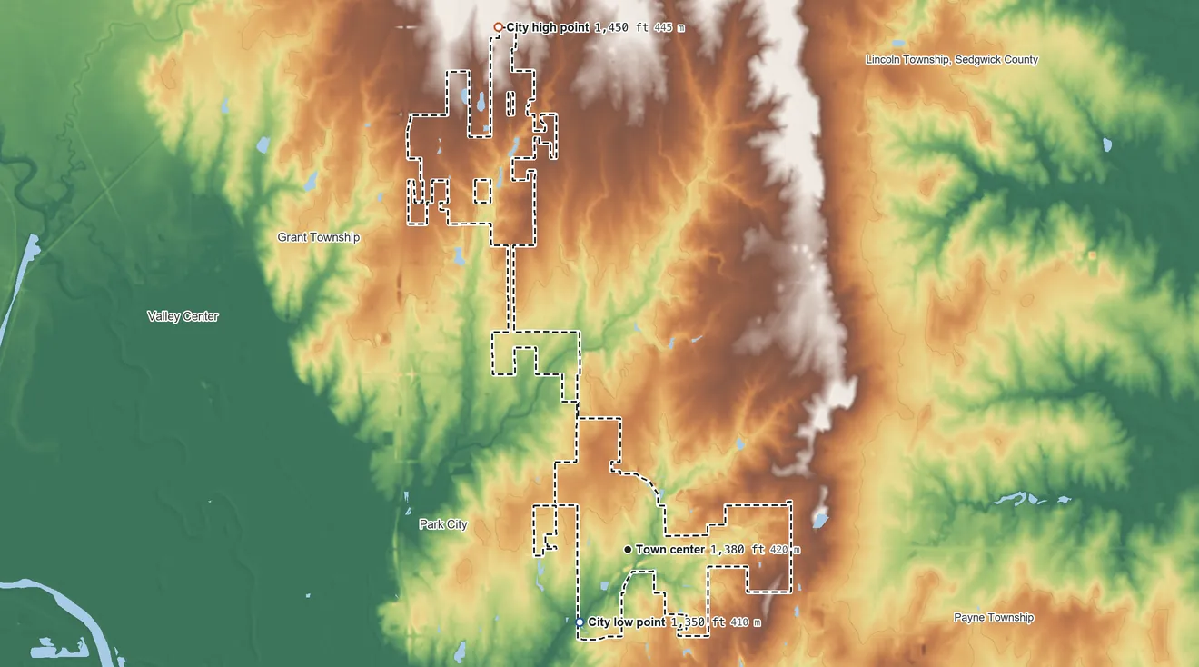 Topographic elevation map of Kechi, Kansas, shaded from 1,350 ft on the southwest side to 1,450 ft on the north side