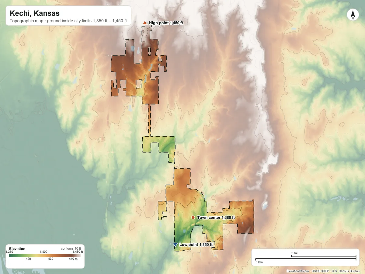 Topographic elevation map of Kechi, Kansas, shaded from 1,350 ft on the southwest side to 1,450 ft on the north side