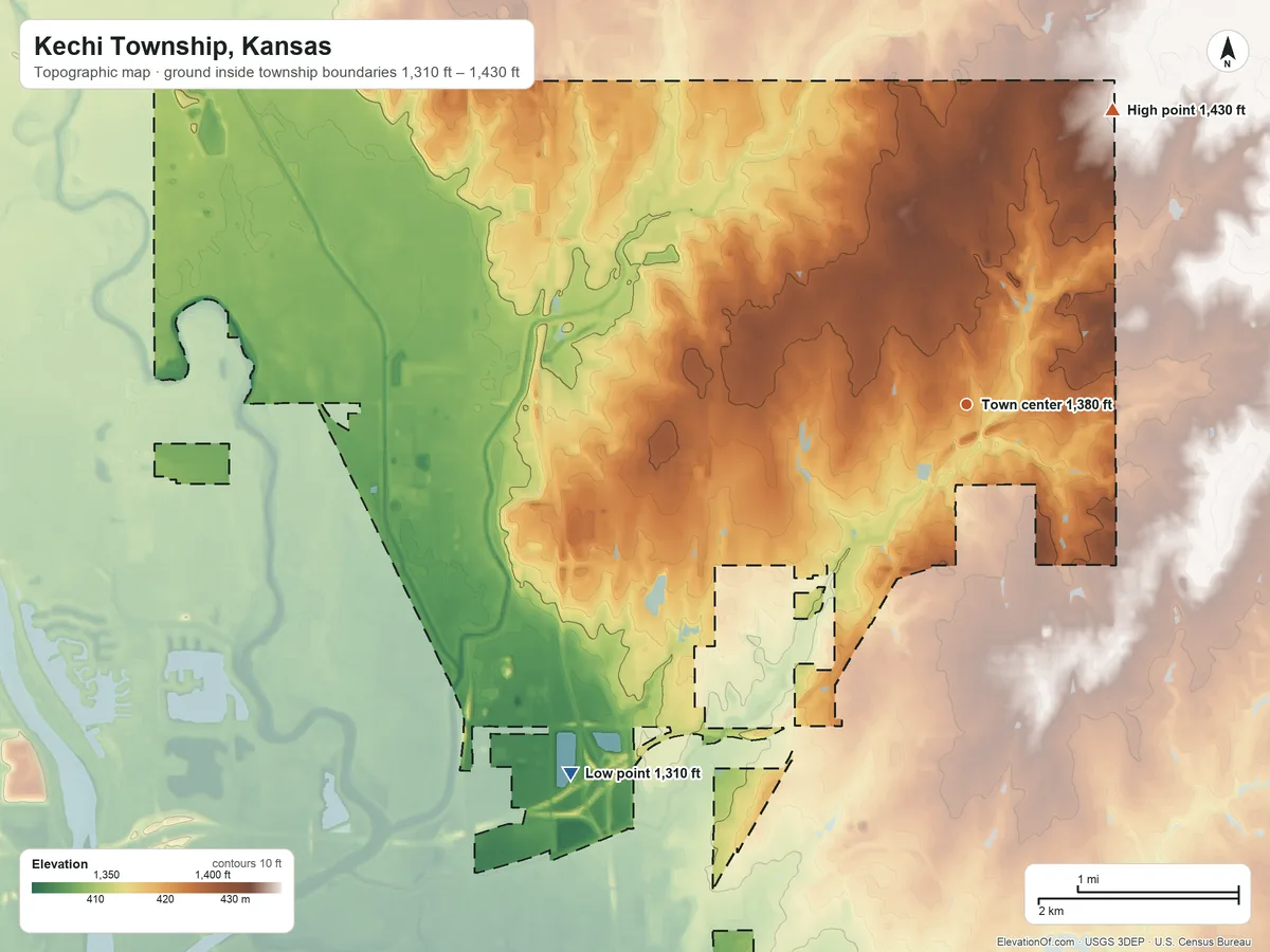 Topographic elevation map of Kechi Township, Kansas, shaded from 1,310 ft on the southwest side to 1,430 ft on the northeast side