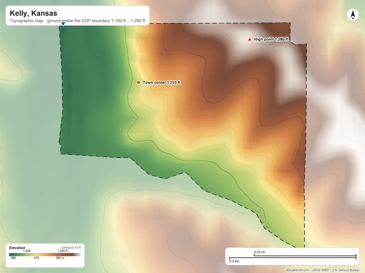 Topographic elevation map of Kelly, Kansas, shaded from 1,180 ft on the northwest side to 1,280 ft on the east side