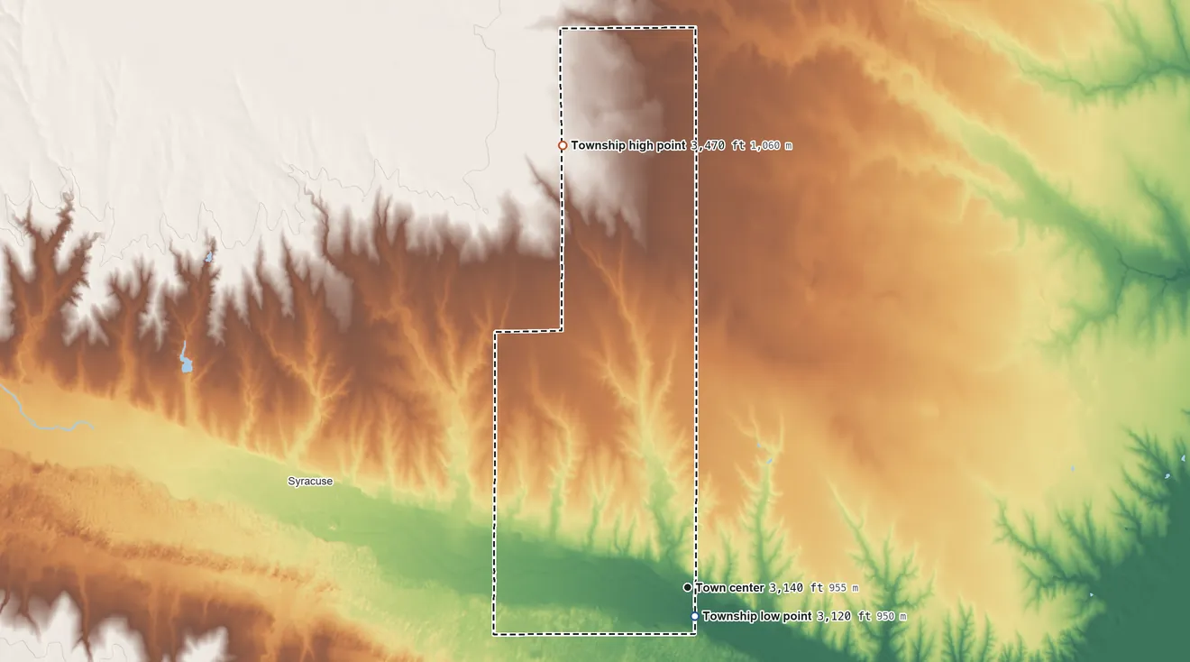 Topographic elevation map of Kendall Township, Hamilton County, Kansas, shaded from 3,120 ft near the middle to 3,470 ft on the north side