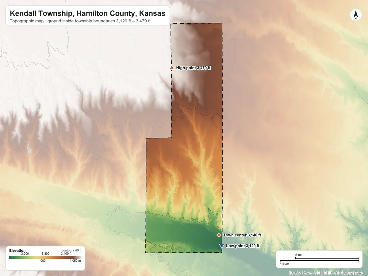 Topographic elevation map of Kendall Township, Hamilton County, Kansas, shaded from 3,120 ft near the middle to 3,470 ft on the north side