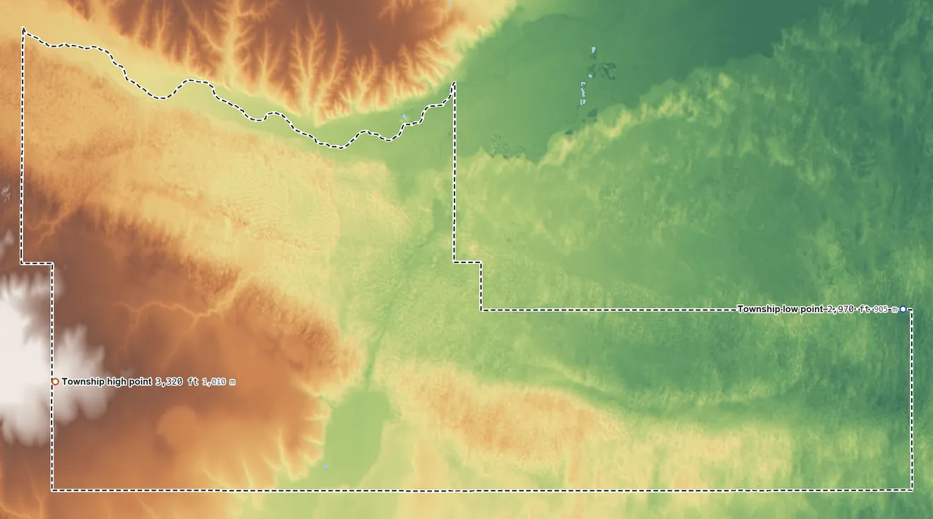 Topographic elevation map of Kendall Township, Kansas, shaded from 2,970 ft on the east side to 3,320 ft on the west side