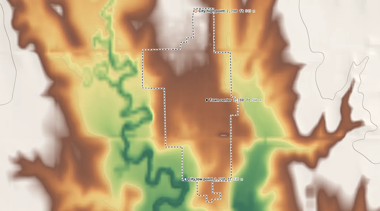 Topographic elevation map of Kensington, Kansas, shaded from 1,740 ft on the south side to 1,790 ft on the north side