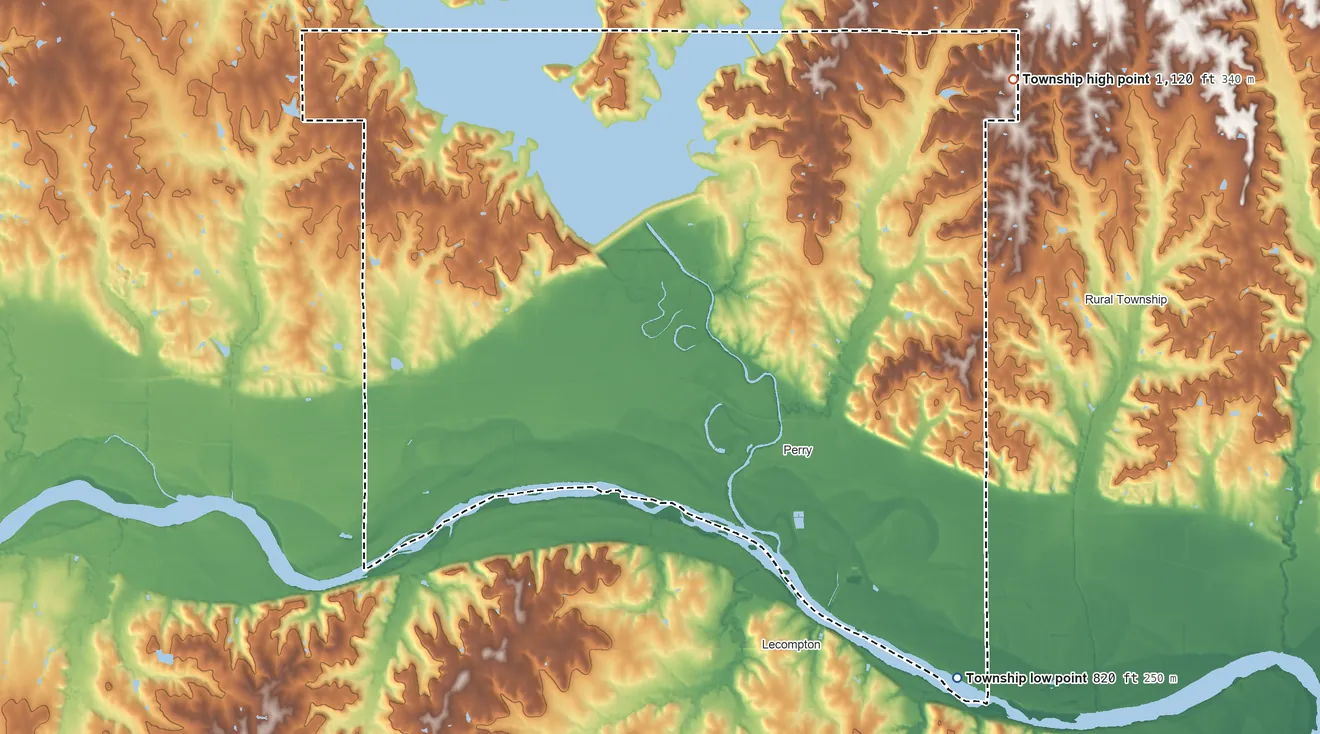 Topographic elevation map of Kentucky Township, Kansas, shaded from 820 ft on the southeast side to 1,120 ft on the northeast side