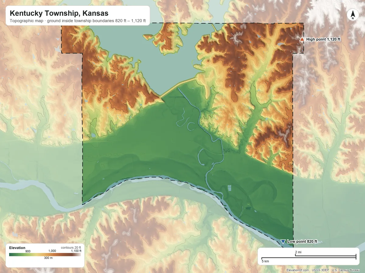Topographic elevation map of Kentucky Township, Kansas, shaded from 820 ft on the southeast side to 1,120 ft on the northeast side