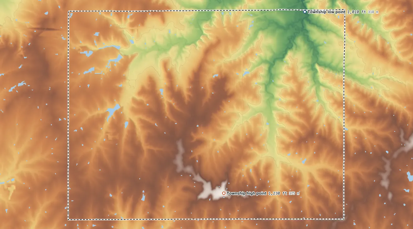 Topographic elevation map of Key West Township, Kansas, shaded from 1,010 ft on the northeast side to 1,230 ft on the south side