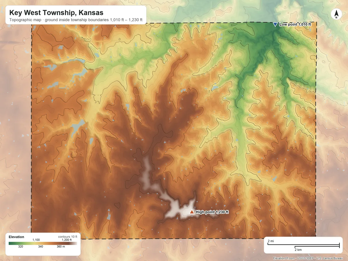 Topographic elevation map of Key West Township, Kansas, shaded from 1,010 ft on the northeast side to 1,230 ft on the south side