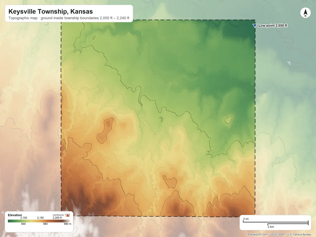 Topographic elevation map of Keysville Township, Kansas, shaded from 2,050 ft on the northeast side to 2,240 ft on the southwest side