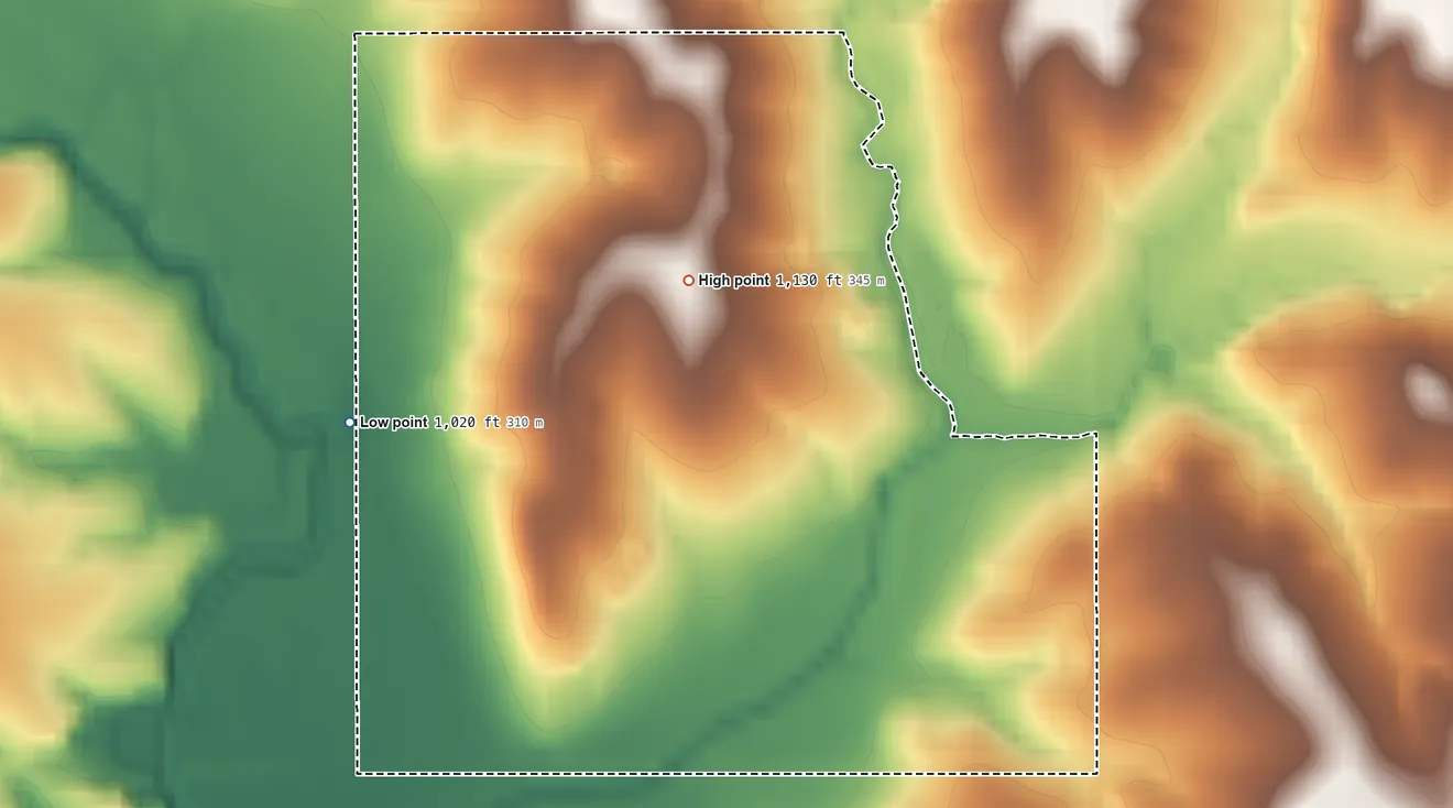 Topographic elevation map of Kickapoo Site 2, Kansas, shaded from 1,020 ft on the west side to 1,130 ft on the northeast side