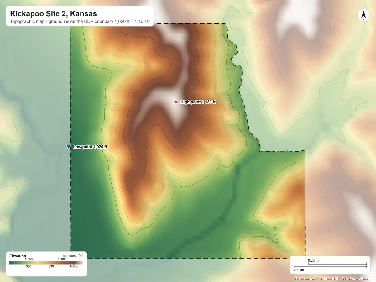 Topographic elevation map of Kickapoo Site 2, Kansas, shaded from 1,020 ft on the west side to 1,130 ft on the northeast side