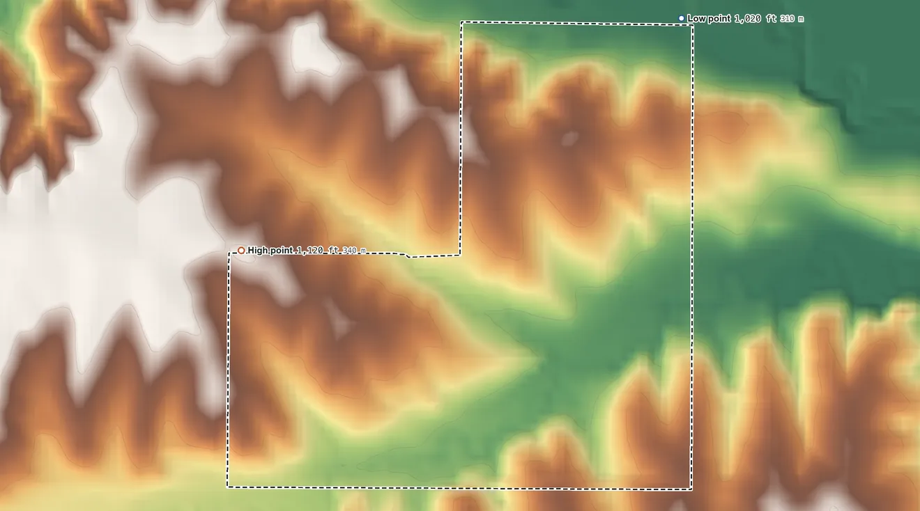 Topographic elevation map of Kickapoo Site 5, Kansas, shaded from 1,020 ft on the northeast side to 1,120 ft on the west side