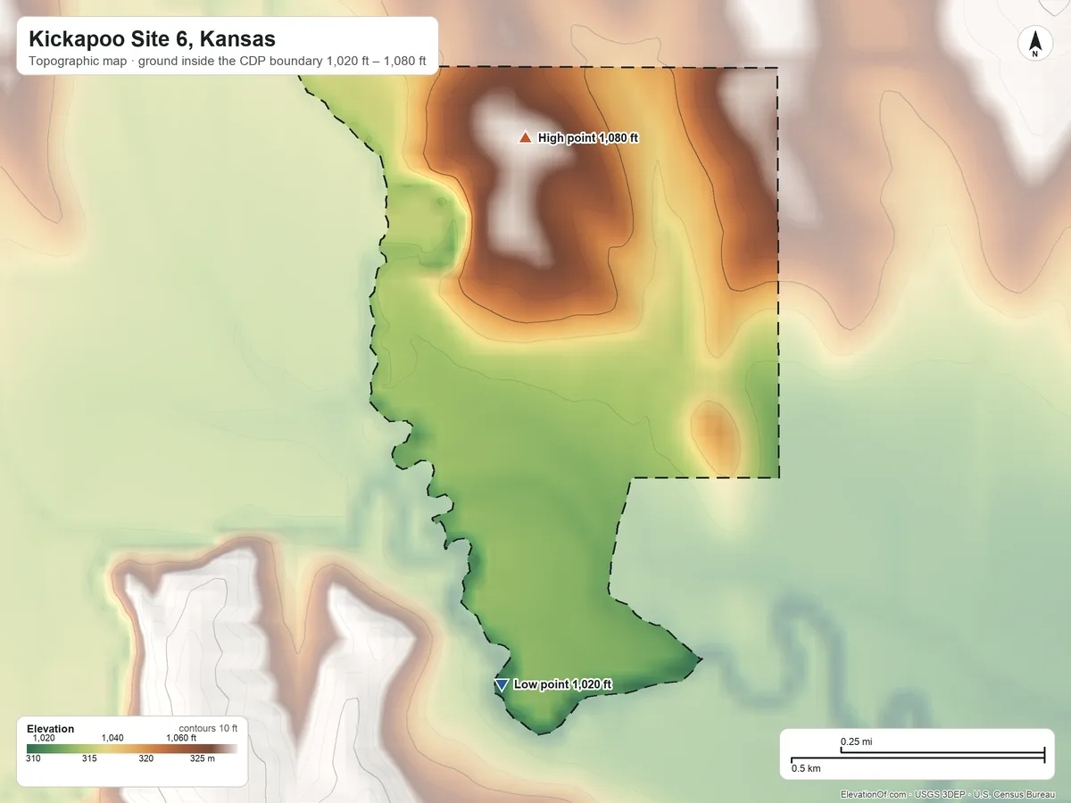 Topographic elevation map of Kickapoo Site 6, Kansas, shaded from 1,020 ft on the south side to 1,080 ft on the north side