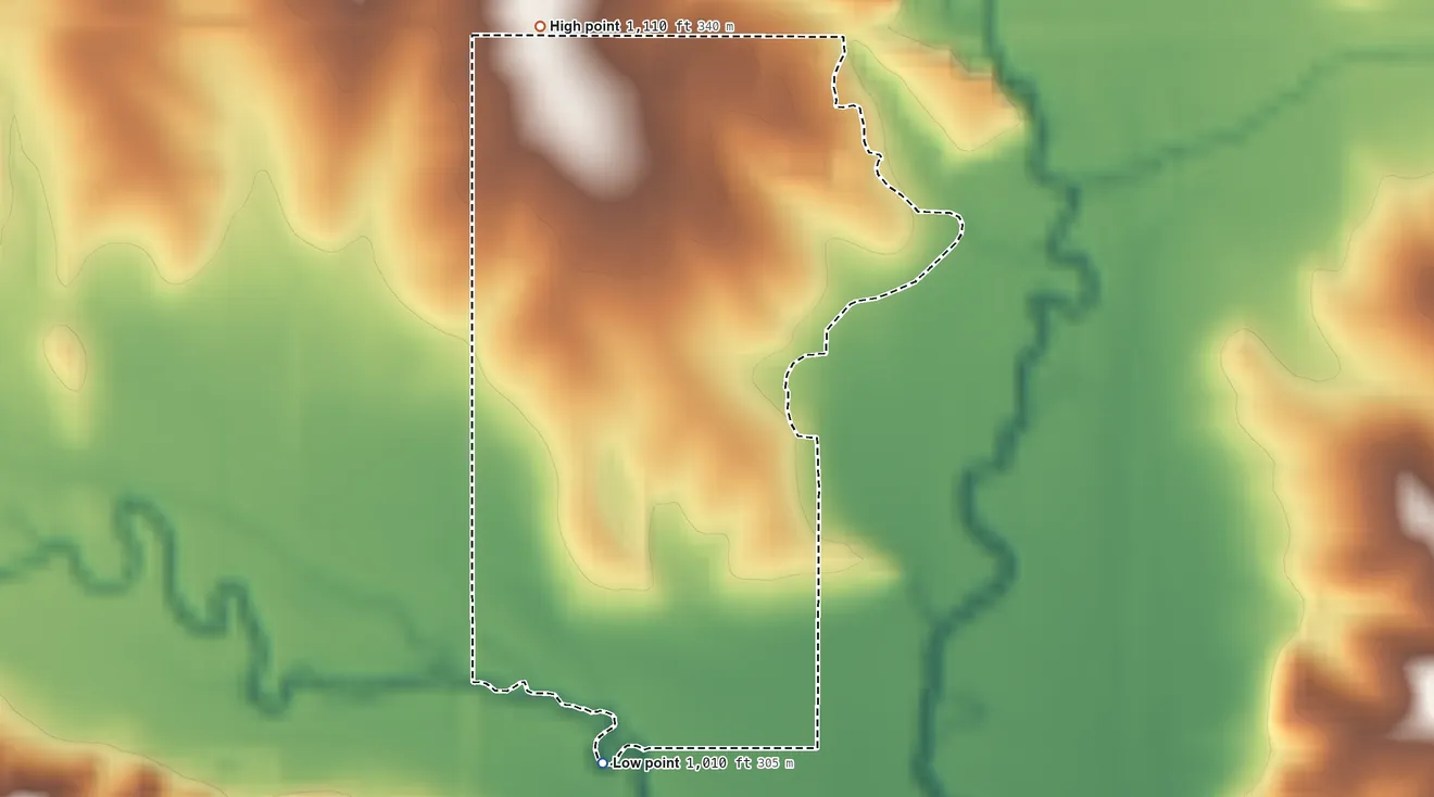 Topographic elevation map of Kickapoo Site 7, Kansas, shaded from 1,010 ft on the south side to 1,110 ft on the northwest side