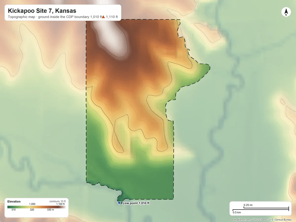 Topographic elevation map of Kickapoo Site 7, Kansas, shaded from 1,010 ft on the south side to 1,110 ft on the northwest side
