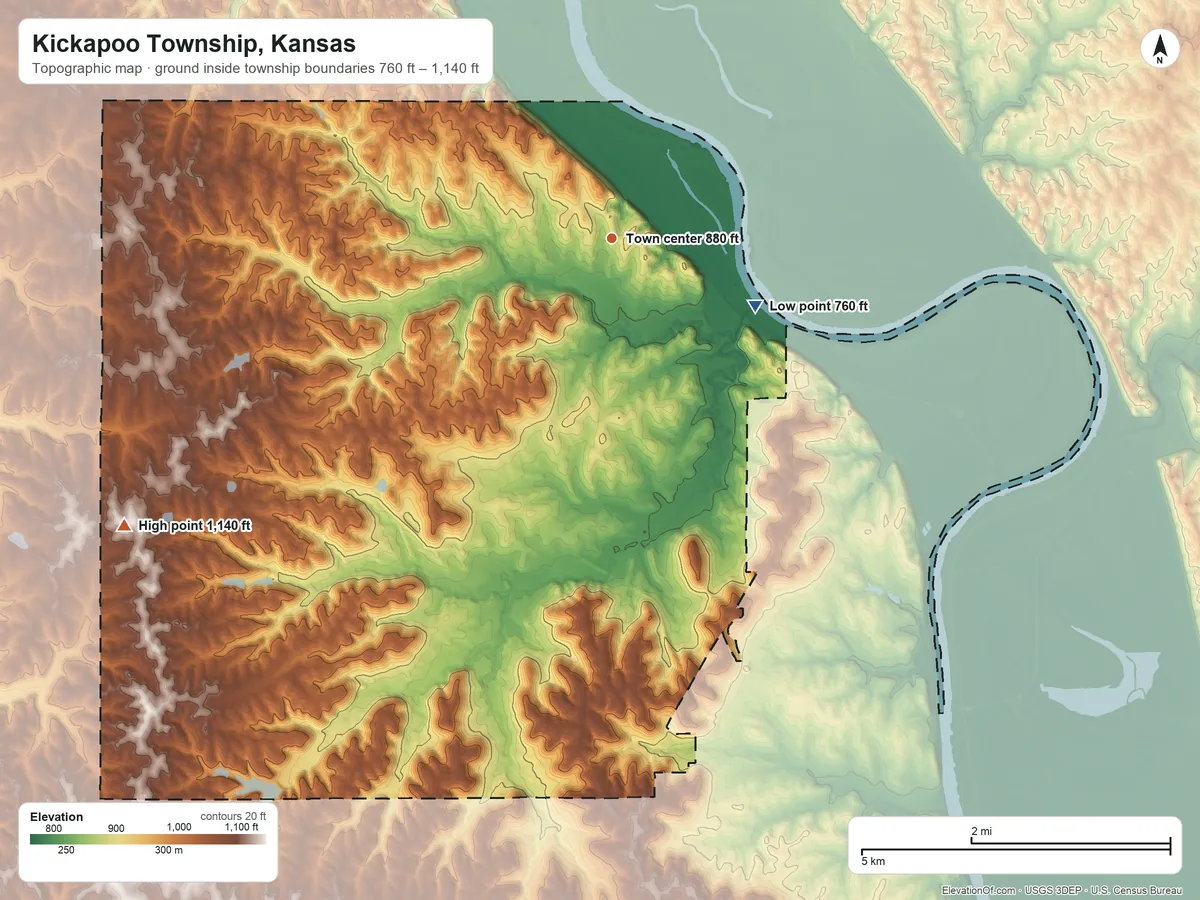 Topographic elevation map of Kickapoo Township, Kansas, shaded from 760 ft on the southeast side to 1,140 ft on the southwest side