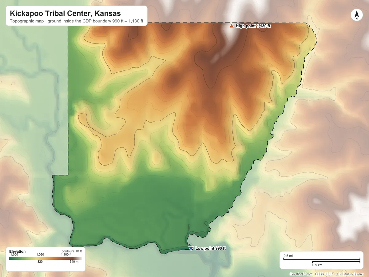 Topographic elevation map of Kickapoo Tribal Center, Kansas, shaded from 990 ft on the south side to 1,130 ft on the northeast side