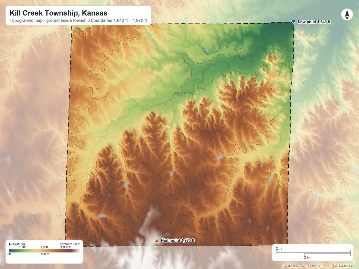 Topographic elevation map of Kill Creek Township, Kansas, shaded from 1,640 ft on the east side to 1,970 ft on the south side