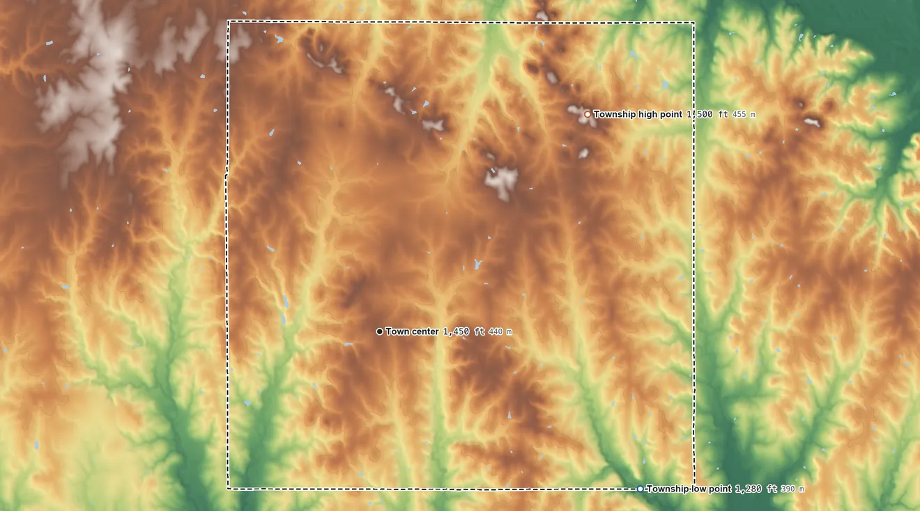Topographic elevation map of Kimeo Township, Kansas, shaded from 1,280 ft on the southeast side to 1,500 ft on the northeast side
