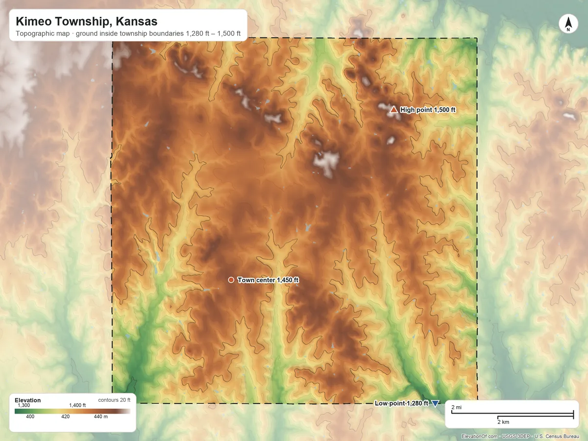 Topographic elevation map of Kimeo Township, Kansas, shaded from 1,280 ft on the southeast side to 1,500 ft on the northeast side