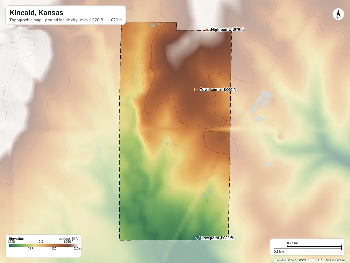 Topographic elevation map of Kincaid, Kansas, shaded from 1,020 ft on the south side to 1,070 ft on the north side