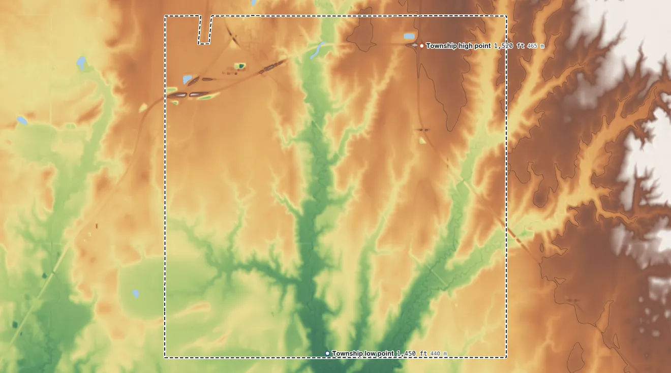 Topographic elevation map of King City Township, Kansas, shaded from 1,450 ft on the south side to 1,520 ft on the north side