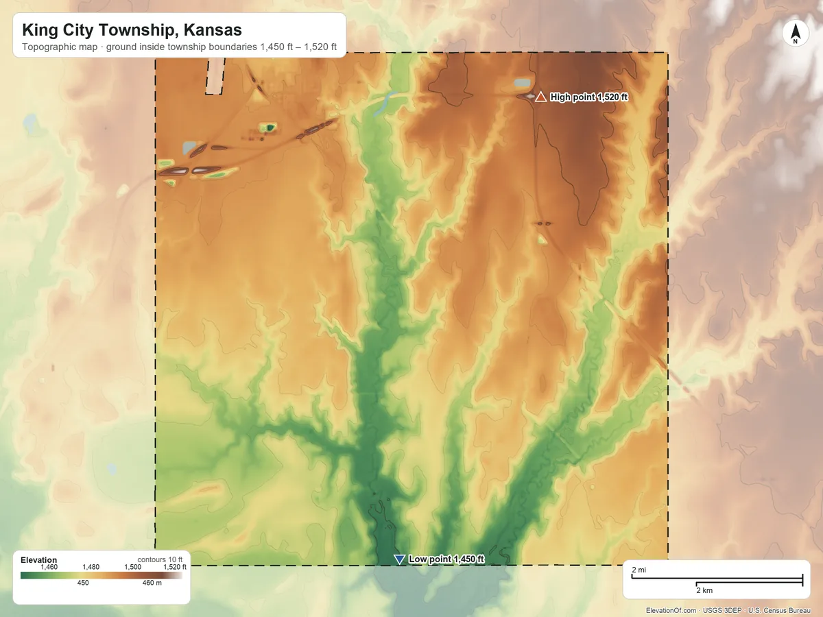 Topographic elevation map of King City Township, Kansas, shaded from 1,450 ft on the south side to 1,520 ft on the north side
