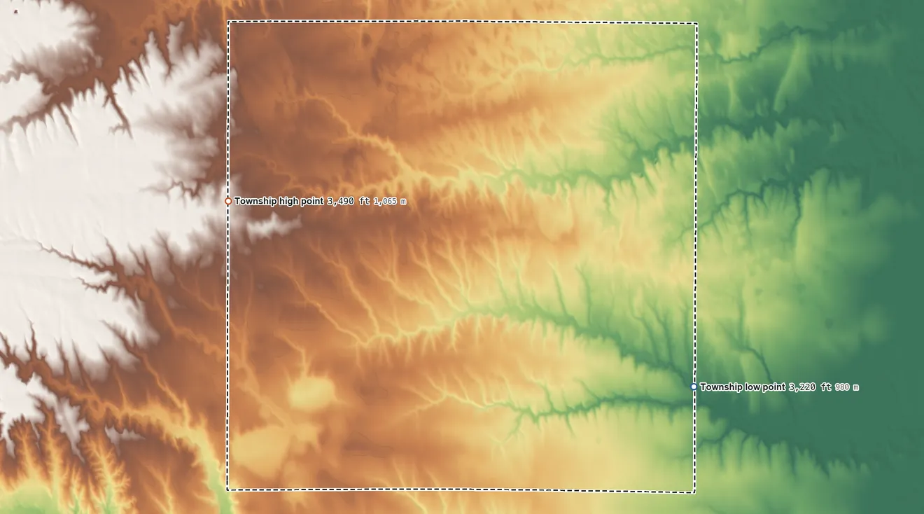 Topographic elevation map of Kingery Township, Kansas, shaded from 3,220 ft on the east side to 3,490 ft on the northwest side