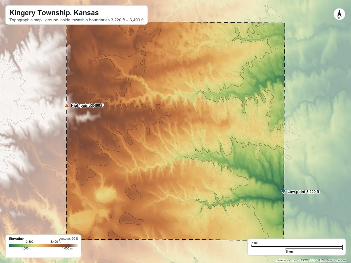 Topographic elevation map of Kingery Township, Kansas, shaded from 3,220 ft on the east side to 3,490 ft on the northwest side