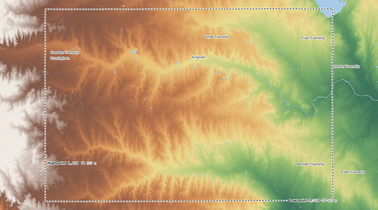 Topographic elevation map of Kingman County, Kansas, shaded from 1,320 ft on the southeast side to 1,830 ft on the west side