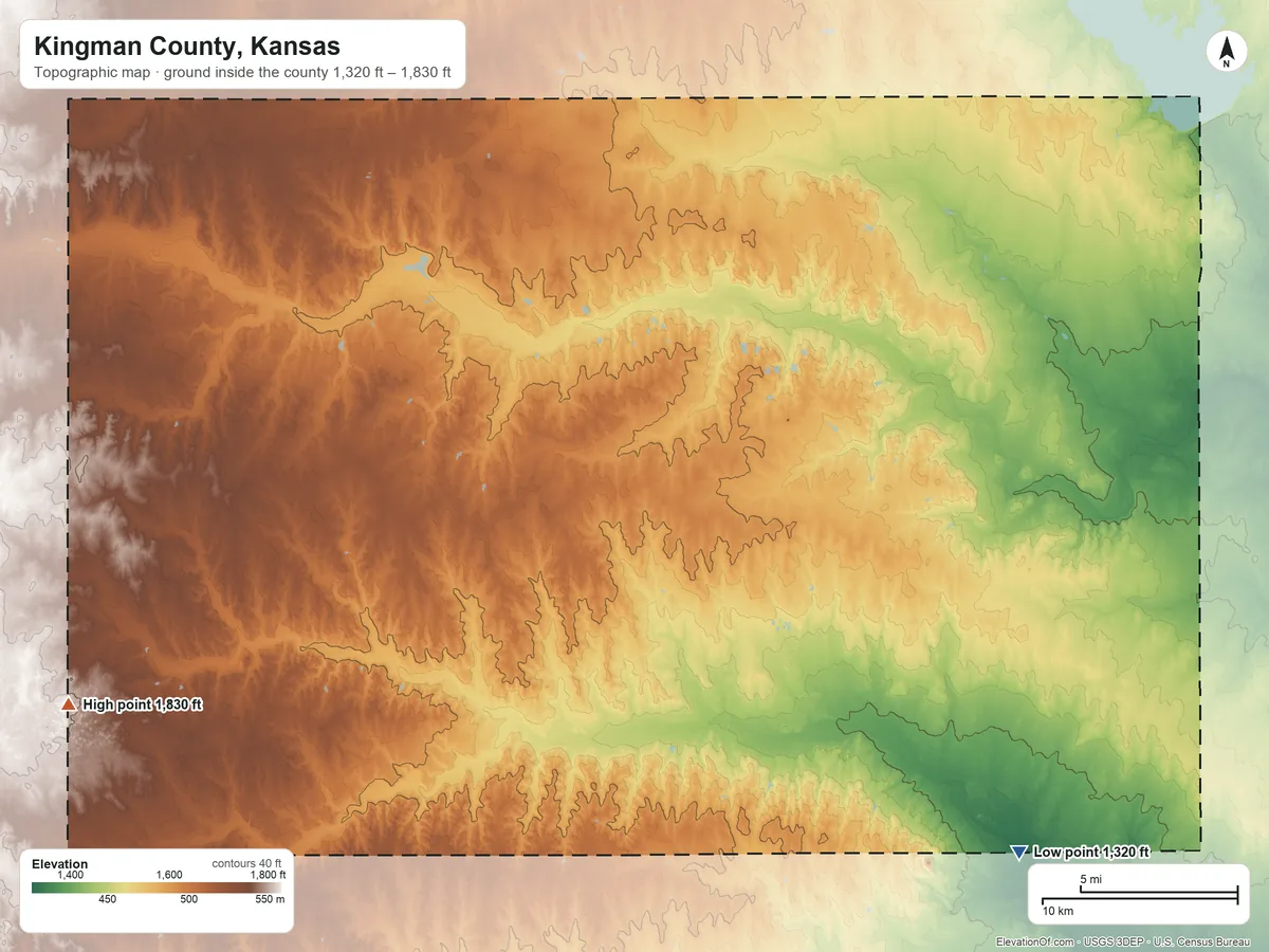 Topographic elevation map of Kingman County, Kansas, shaded from 1,320 ft on the southeast side to 1,830 ft on the west side