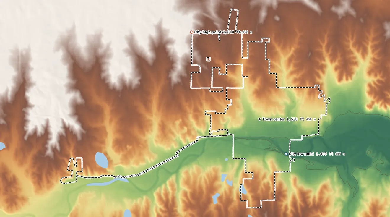 Topographic elevation map of Kingman, Kansas, shaded from 1,490 ft on the southeast side to 1,610 ft on the northwest side