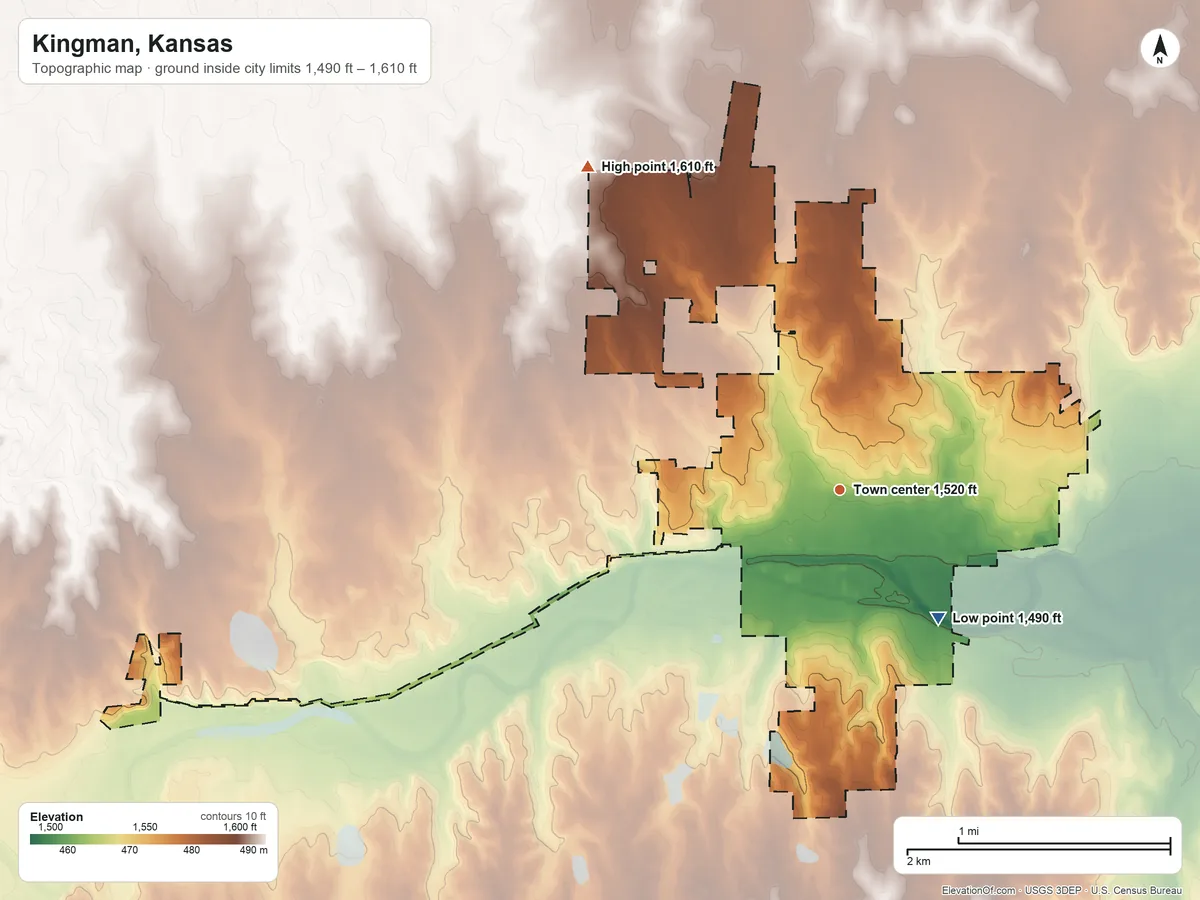 Topographic elevation map of Kingman, Kansas, shaded from 1,490 ft on the southeast side to 1,610 ft on the northwest side