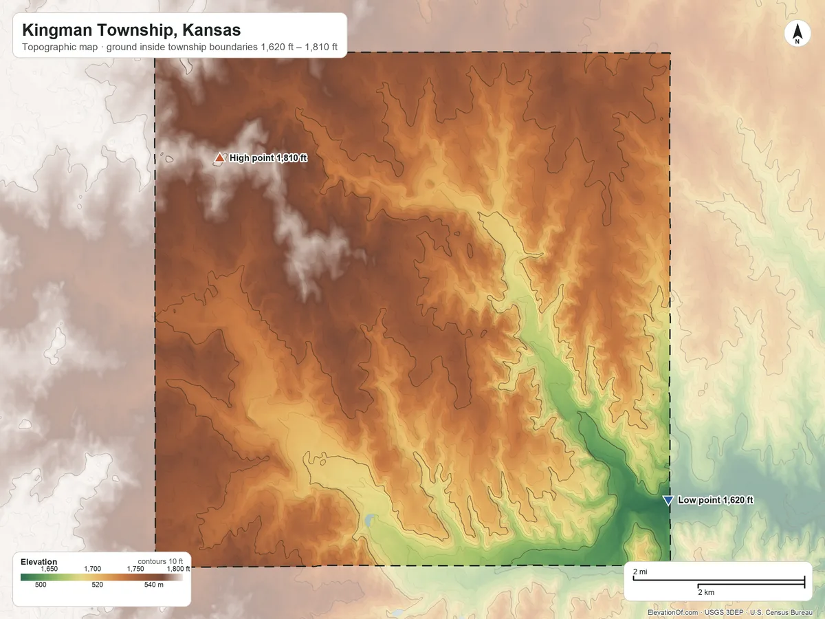 Topographic elevation map of Kingman Township, Kansas, shaded from 1,620 ft on the southeast side to 1,810 ft on the northwest side